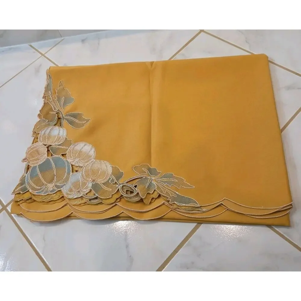 Evermaple Gold Embroidered Muted Pumpkin Tablecloth 60x84 Rectangular Cutwork